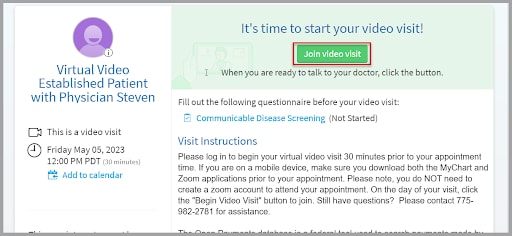 MyChart Virtual Video Video Start Screenshot