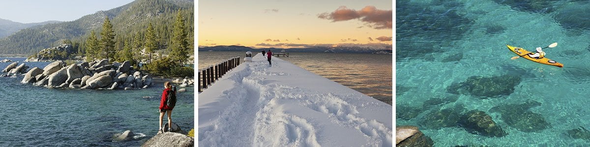 Lake Tahoe activities: hiking, snow play, kayaking.