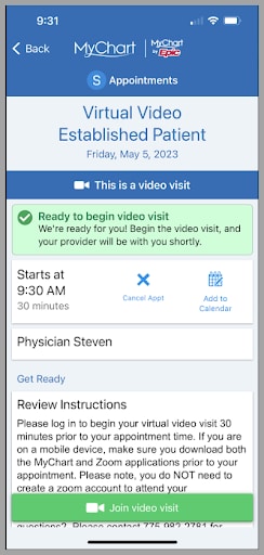 MyChart Virtual Video Visit Screenshot