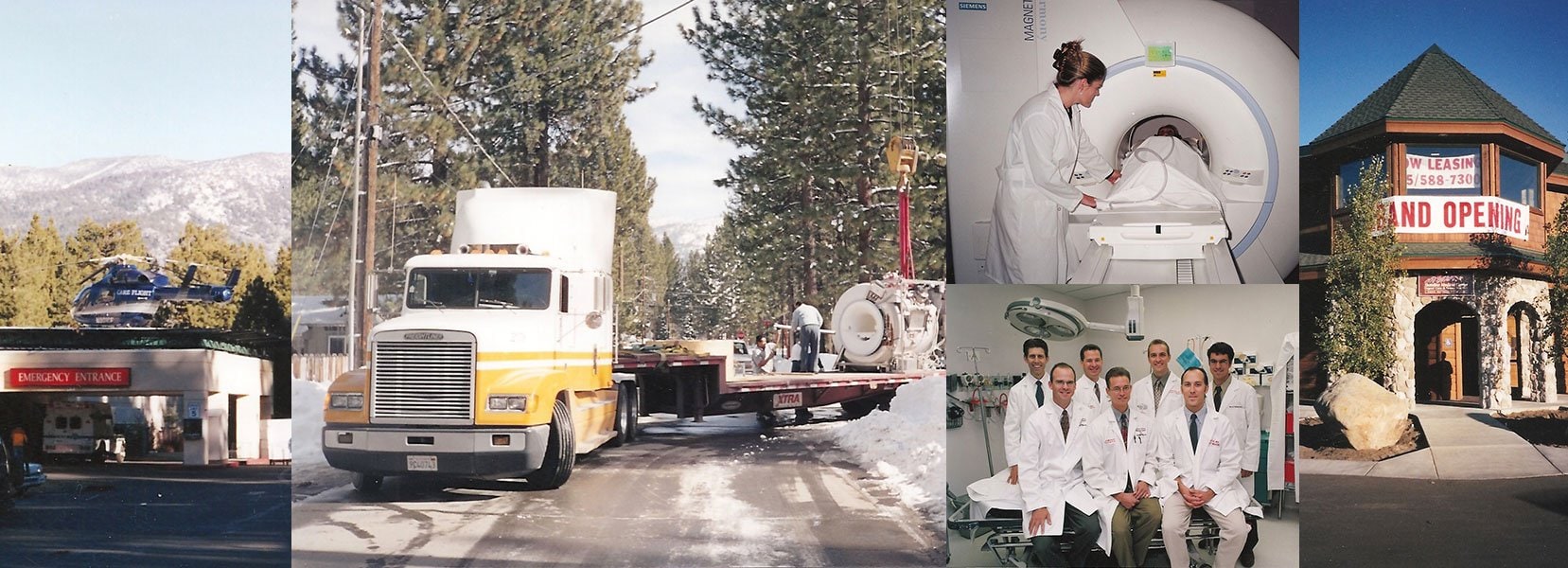 Photos from Barton Health in the 2000s including a new MRI on a semi truck and a helicopter on the helipad.